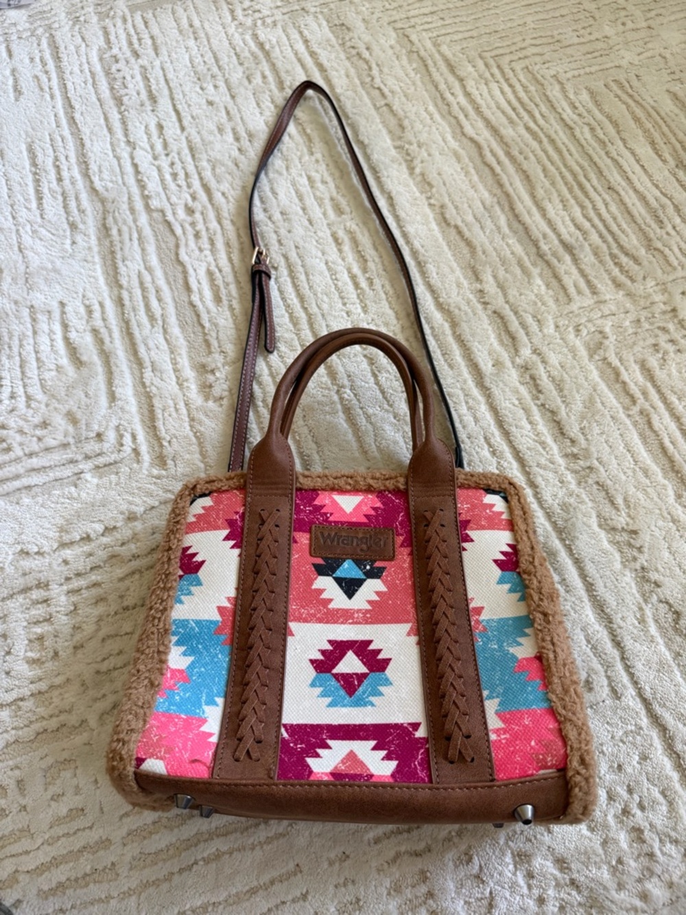 Wrangler Southwestern Aztec Print Mini Tote Crossbody Bag Sherpa Trim